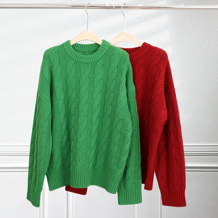 무거운 게으른 스타일 크루 넥 긴팔 스웨터 두껍게 꼬인 양모 스웨터 풀오버 느슨한 아웃웨어 여성용 레트로 니트 스웨터