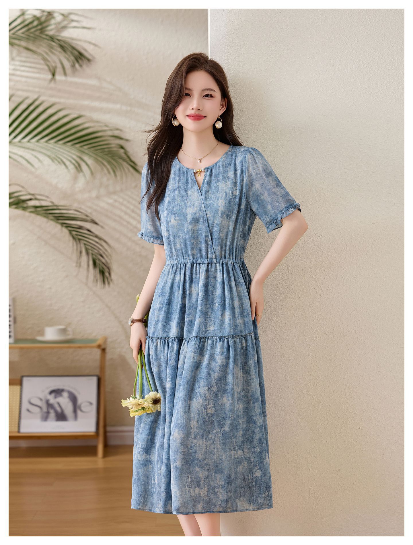 Đầm maxi nữ thắt eo cổ V tay ngắn họa tiết hoa dáng dài GT8207 — xanh lam, Màu hồng chi tiết 15