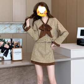 2025年春秋新款时尚小香风套装裙女洋气蝴蝶结短外套半身裙两件套