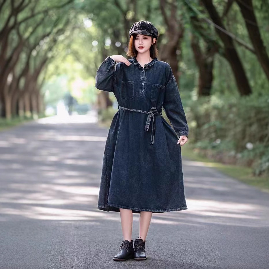 Retro denim long dress