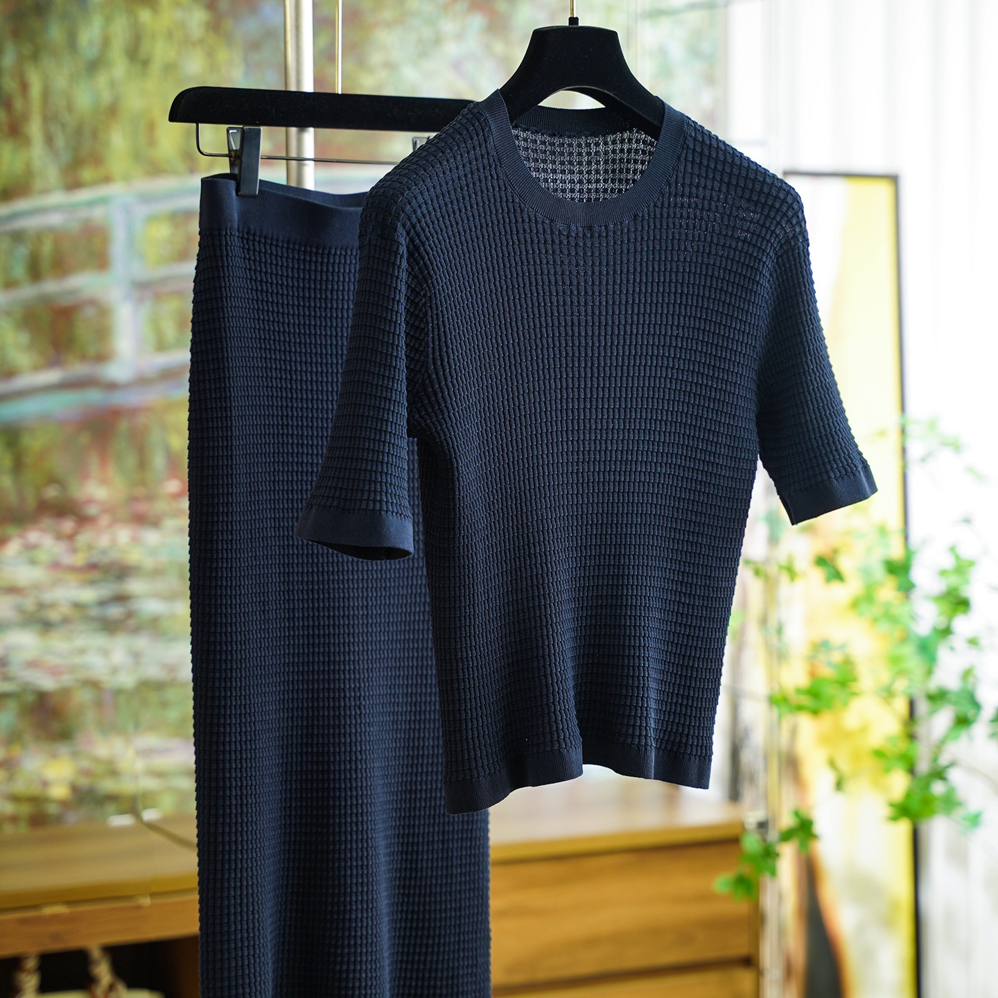 Waffle Quarter Sleeve Top Fashion Suit for Women 0714