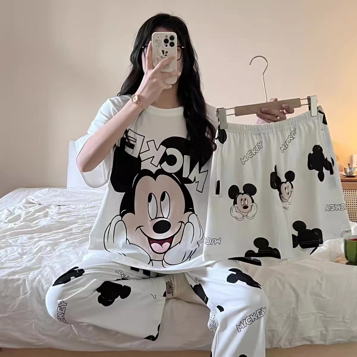 [conjunto de tres piezas] pijamas de mujer nuevo cuello redondo de verano manga corta ropa casera casual pantalones cortos sueltos set