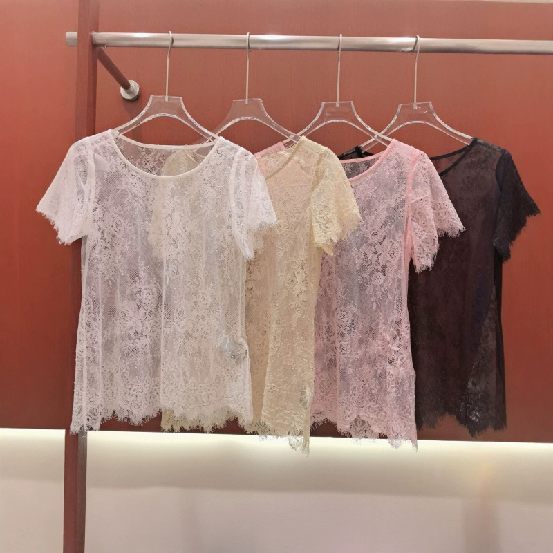 Summer Thin See-Through Lace Short-Sleeved Top for Women, Loose and Slimming, Versatile T-Shirt, Fashionable Lace Shirt 26409