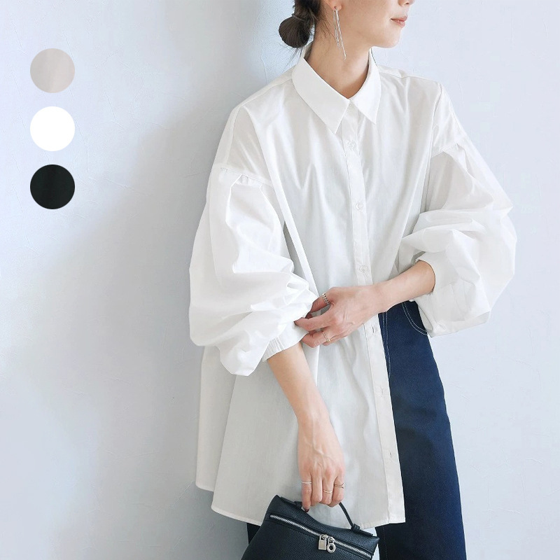 Cross-border Foreign Trade Style Japanese plus size Loose White Shirt Professional OL All-match Lantern Sleeve Split Irregular Top for Women