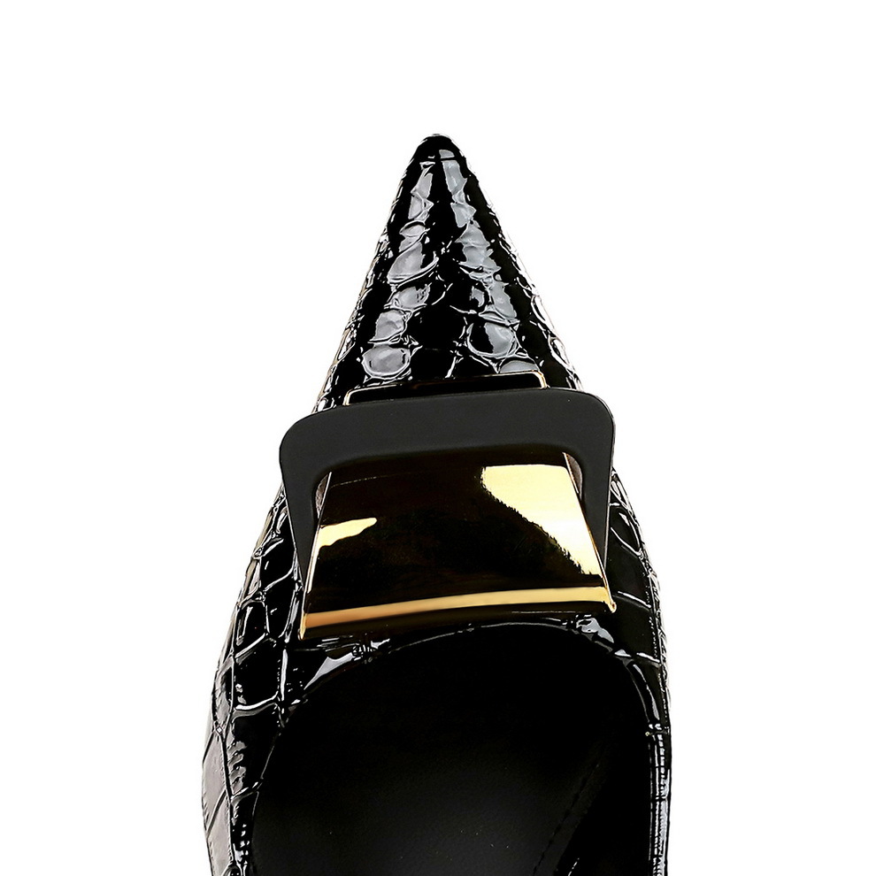 Damenschuhe mit feinen Absätzen, High Heels, flacher Mund, spitze Schlangenhaut, Lackleder, Metallschnalle, dekorative Einzelschuhe für Damen_voghion.com