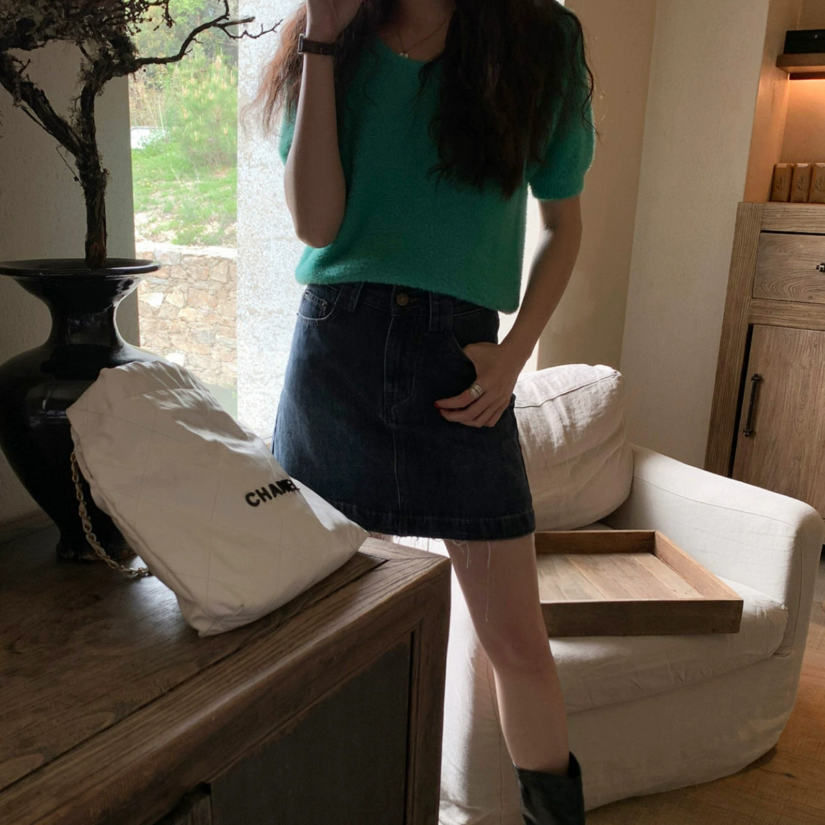 Женский мягкий восковой трикотажный свитер Yi Enou inbyin с коротким рукавом, универсальный короткий топ с круглым вырезом, в нежном стиле для осени