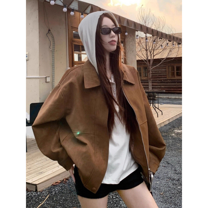 美拉德复古仿麂皮绒长袖外套女2025秋季新款宽松翻领休闲机车夹克|undefined