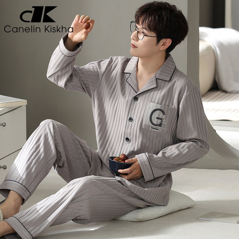 Primavera y otoño pijamas de algodón de manga larga se pueden usar fuera para hombres 2023 nuevo otoño red viento rojo para hombres ropa de hogar de tamaño grande