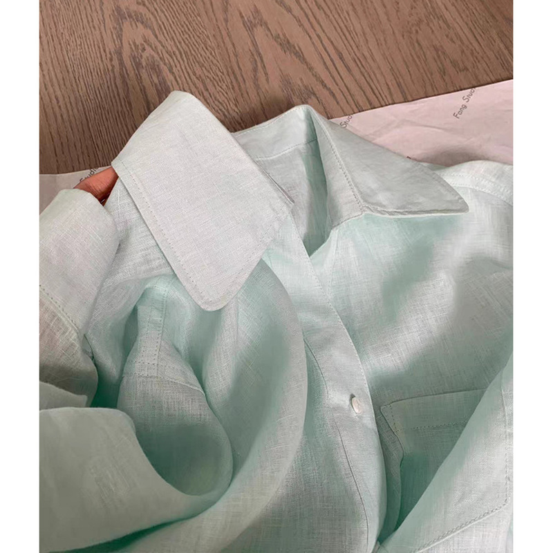 Highly Recommended! Very Light and Refreshing! Mint Green Linen Lightweight Sun-Protective Long-Sleeve Shirt for Women