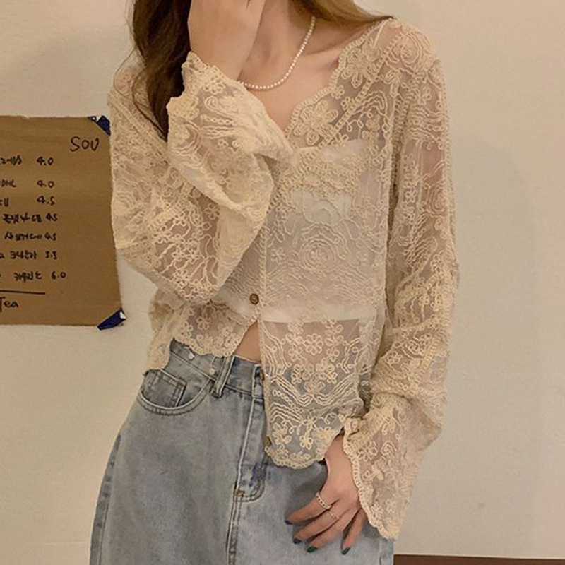 French Lace Cardigan for Women Summer New Style V Neck Elegant Slimming Look Inner Bottoming Shirt Top 160