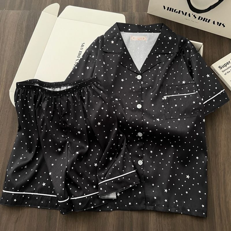 Al por mayor transfronterizo nuevo pijama de verano de alta calidad de seda de hielo twill pantalones cortos de mangas cortas set collar explosión