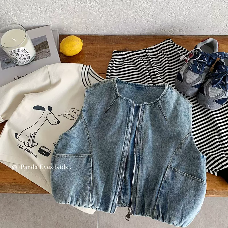 波拉韩国童装男童春季牛仔马甲痞帅百搭儿童复古上衣男女童外套潮