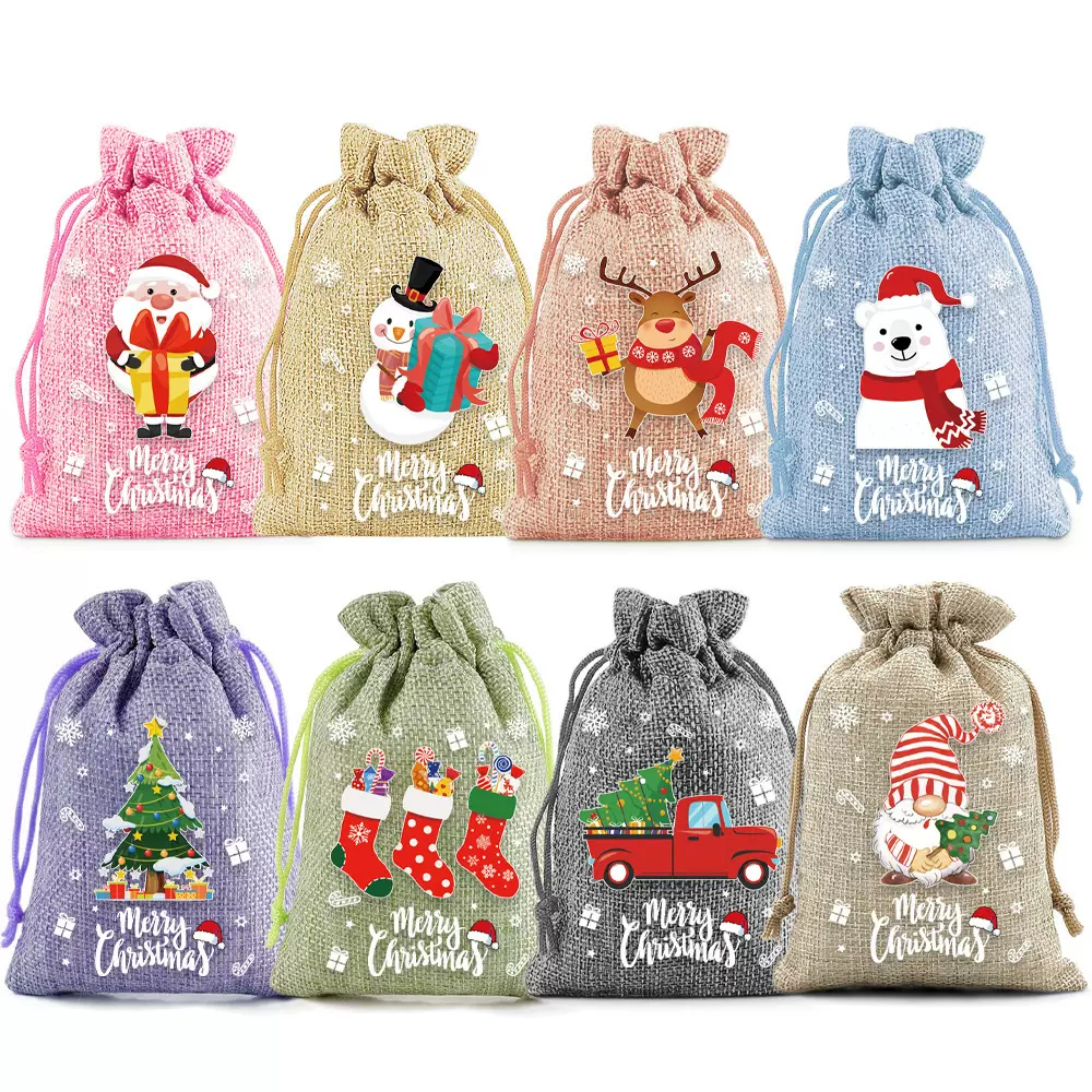 新款2025跨境派对节日礼品袋圣诞麻布束口袋抽绳儿童糖果袋粗麻袋