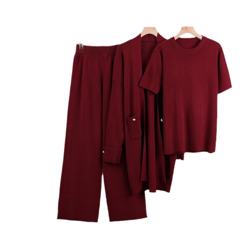 Damenbekleidung Modischer, temperamentvoller dreiteiliger Strickanzug, kurzärmliges Oberteil mit Rundhalsausschnitt für Damen + mittellange Strickjacke + Hose mit weitem Bein_voghion.com