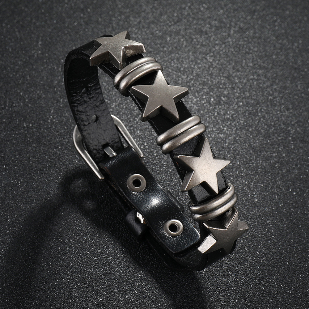 Pulseira de couro com pentagrama para homem estilo punk_voghion.com