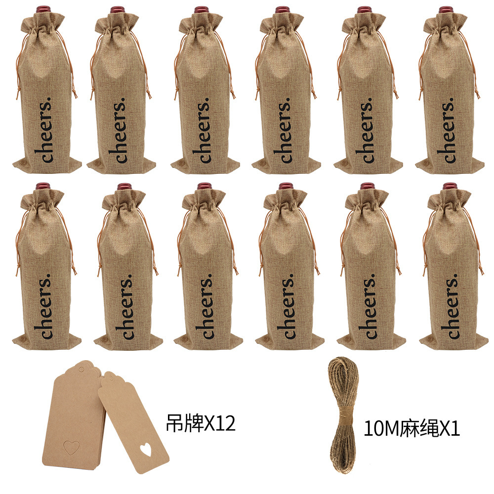 亞馬遜熱銷麻布紅酒袋新款cheers12套裝吊牌禮品包裝袋紅酒盲品袋