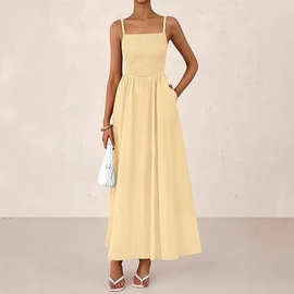 欧美跨境2025新款亚马逊休闲度假风纯色高腰吊带口袋褶皱连衣裙女