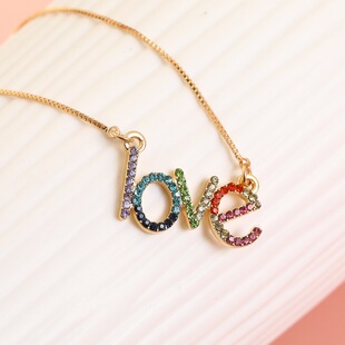 European and American new popular children's jewelry alloy diamond LOVE rainbow color letter necklace mother's day necklace