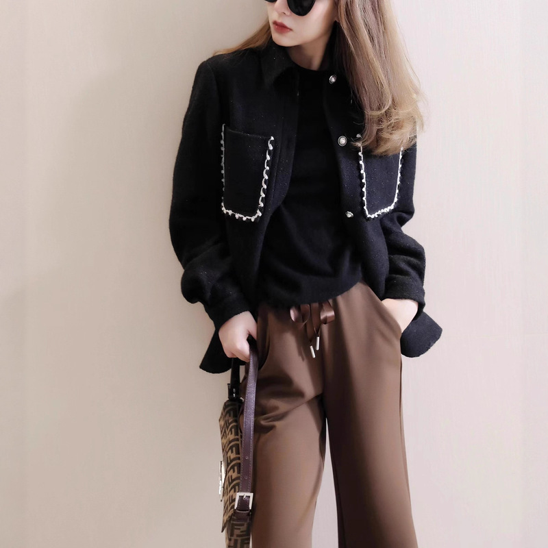 Black shiny wool tweed bright thread pocket Chanel style shirt woolen coat loose slim fit slimming