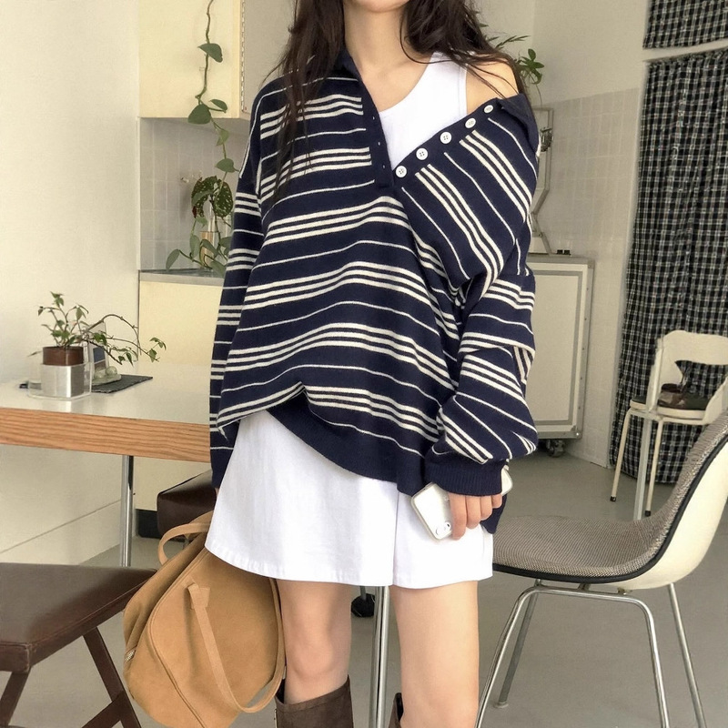 In-Stock Korean Chic New Style Korean-Style Relaxed Polo Collar Striped Sweater Lazy Loose Knitwear