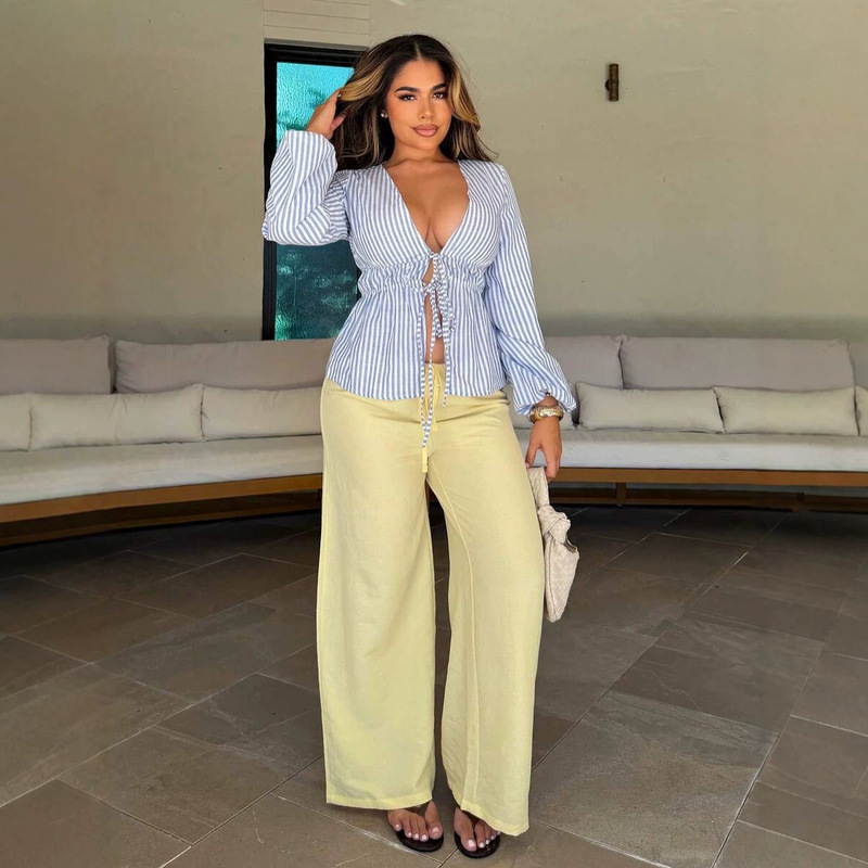 Cross-Border European and American 2026 Summer New French-Style Casual Striped V-Neck Front-Tie Waist-Slimming Versatile Shirt