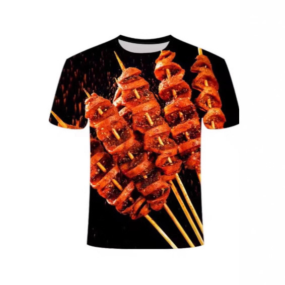 Summer New 3D Printed Barbecue Gluten T-Shirt, Fashionable and Personalized, Loose and Breathable Short-Sleeved Men and Women, Source Manufacturer