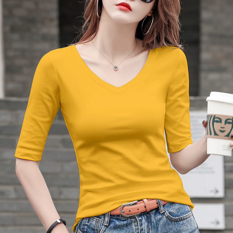 女性用ミッドスリーブTシャツVネック2025新作七分袖トップスとファッショナブルな七分袖ボトムシャツ|undefined