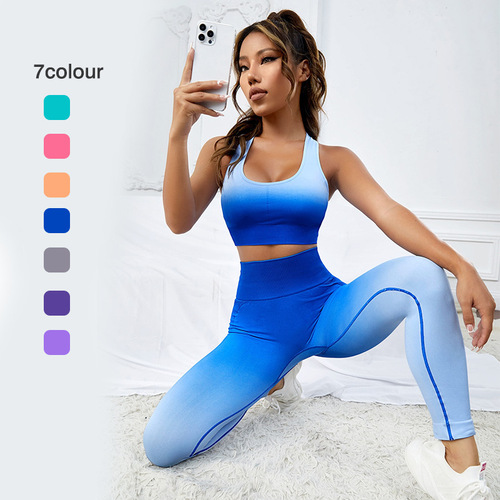 European and American breathable quick-drying bra trousers sportswear running fitness wear gradient seamless yoga wear suit for women wholesale