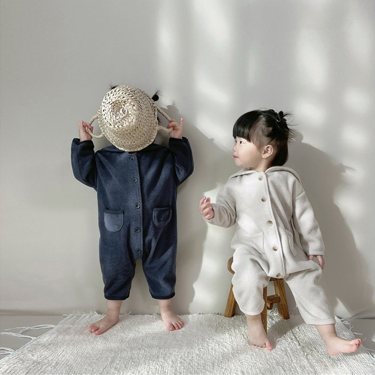 婴童秋款宝宝爬服双面绒大翻领口袋连体衣婴儿单排扣长款包屁衣|undefined