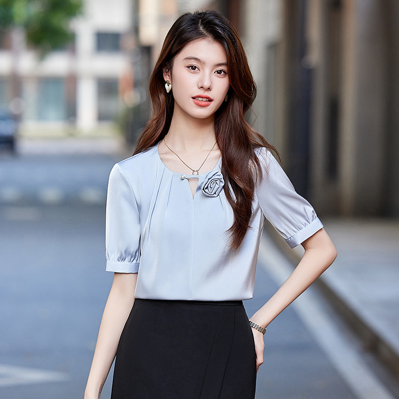 프랑스 스타일 우아한 새틴 실크 블라우스 여성용 반팔 봄과 여름 새로운 하이 엔드 쉬폰 탑 세련된 아름다운 작은 셔츠