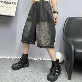 2025夏季新款 女孩印花贴布破洞牛仔裤 宽松高腰系带七分裤女款