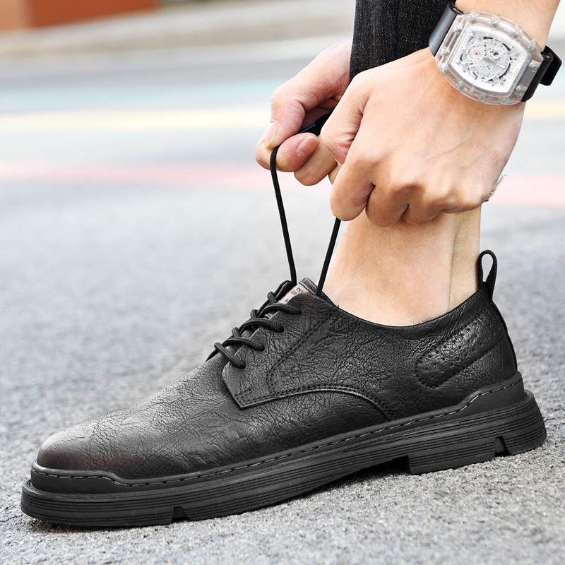 欧洲站男皮鞋系带休闲鞋韩版百搭黑皮鞋2022年春季新款男士户外鞋