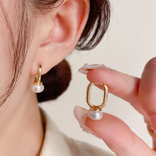 s925 sterling silver freshwater pearl shaped earrings for women Xiaohongshu blogger same style ins French light luxury geometric earrings