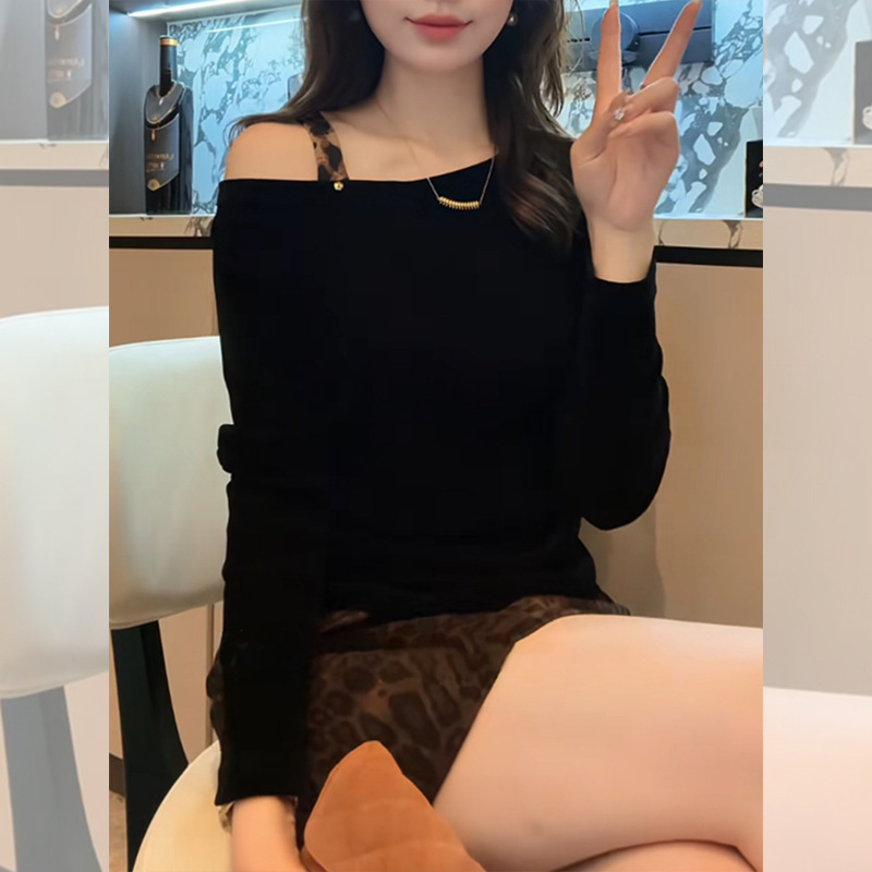 早秋穿搭丝绒豹纹肩带长袖t恤女2025新款爆款巨好看打底斜肩上衣|undefined
