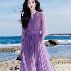 夏の気質、ハイエンド、絶妙、軽い贅沢、ハイエンド、ドーパミン、海辺での休暇、紫色のシフォンドレス