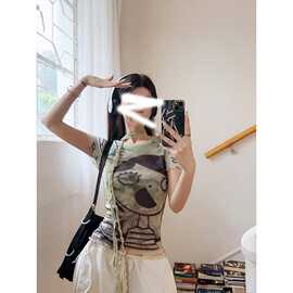 【原版布料】印花短袖T恤女夏季小众修身打底衫内搭上衣2026新款