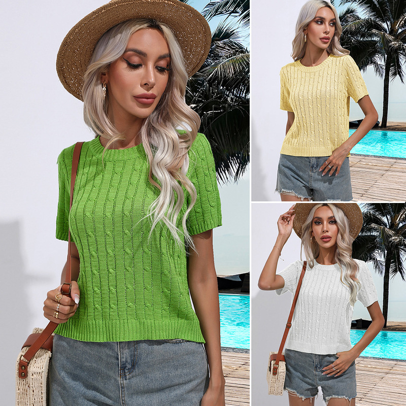 Twist Short-sleeved Pullover Knitwear Spring and Summer New Round Neck Solid Color Knitwear Women's Amazon European and American Cross-border Women's Clothing Twist Short-sleeved Pullover Knitwear Spring and Summer New Round Neck Solid Color Knitwear Women's Amazon European and American Cross-border Women's Clothing