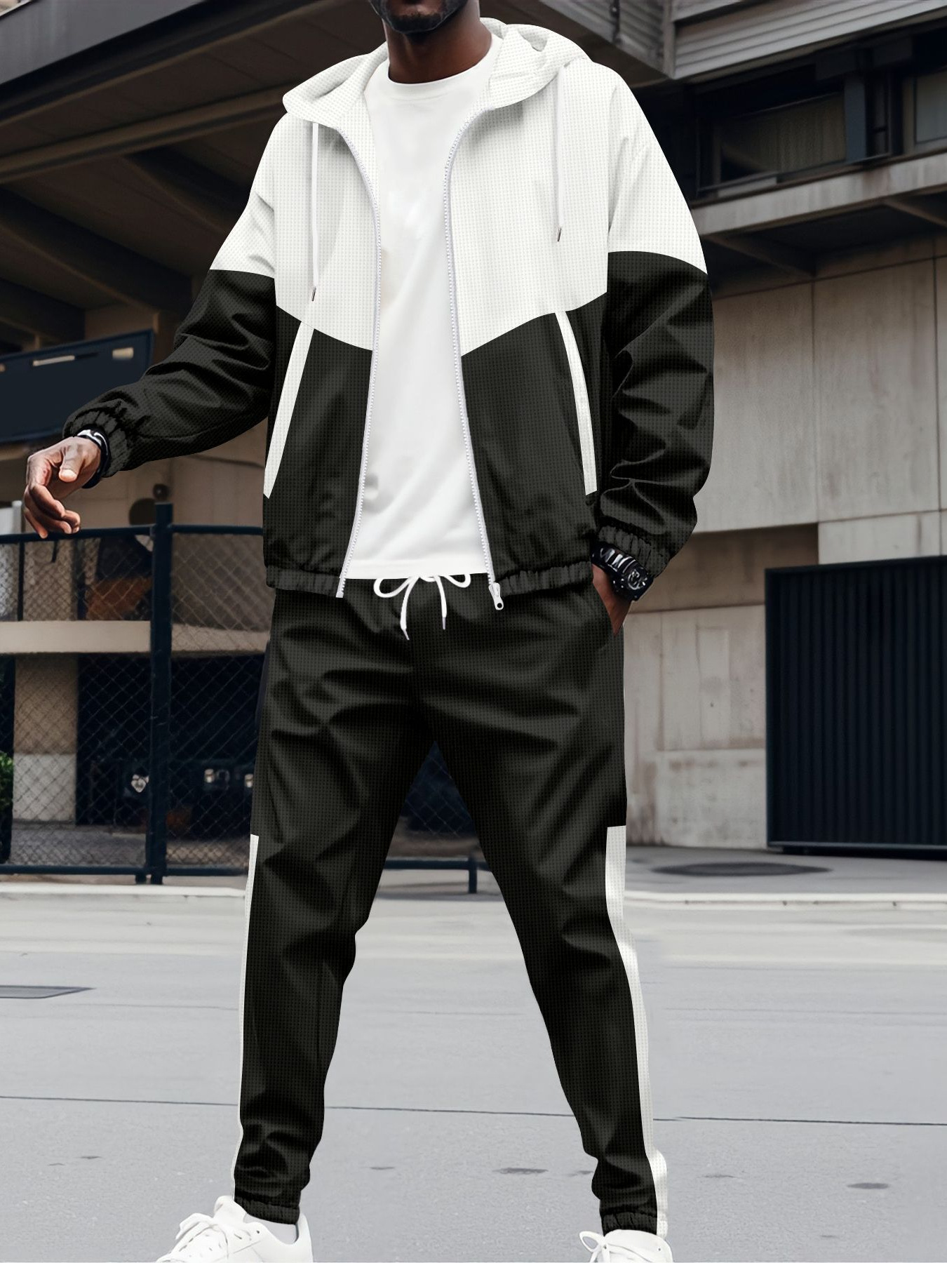 Herren-Trainingsjacke mit Kapuze, Reißverschluss, zwei Taschen, Patchwork-Design, Farbblock-Design, normale Passform, Kurzarm, elegant, aus Polyester_voghion.com