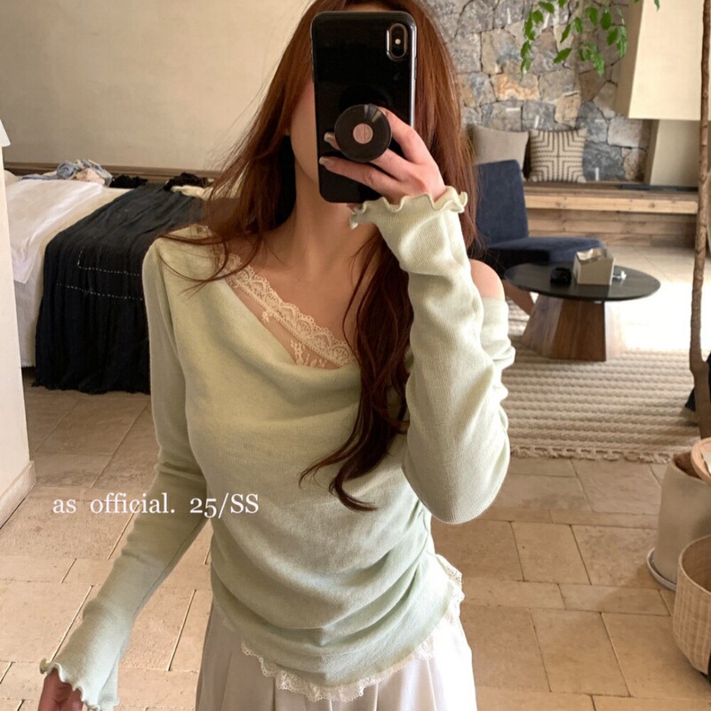 Pure Desire Style Lace Patchwork Off-Shoulder Long Sleeve Top for Women 2025 Autumn Knitted Sweater
