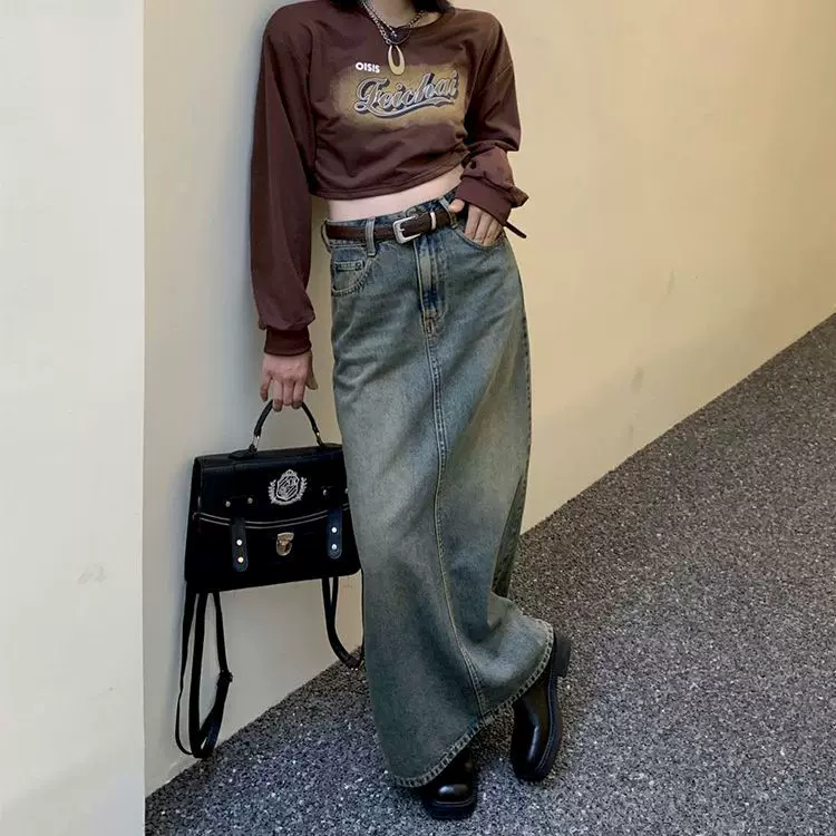 美拉德做旧牛仔裙女高个子 美式复古高腰皮带开叉长款直筒半身裙