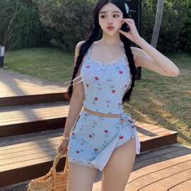 高级感甜美少女蕾丝飞边小胸吊带保守裙款三件套分体游泳衣女泳装