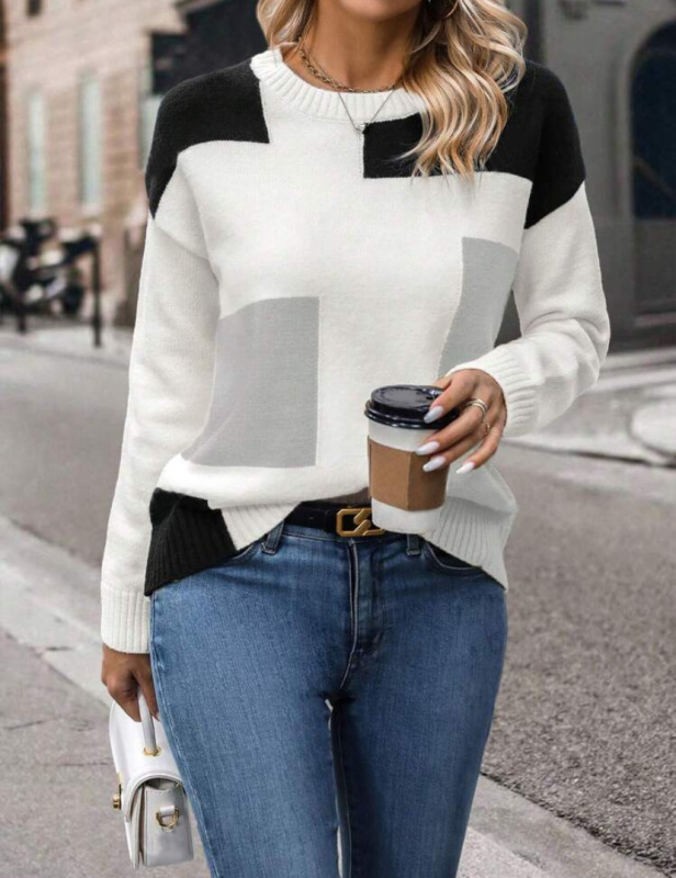 欧米の外国貿易の秋の服の女性の色合わせの糸の服のニットのセーターの丸首のプルオーバーの上着のアマゾンの輸出|undefined