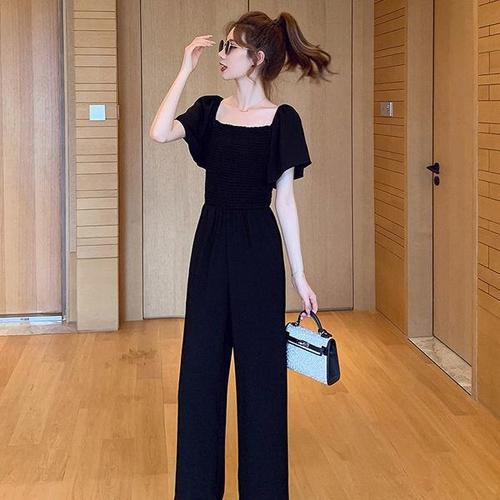Women's Summer Thin Short Pants, Black Short Sleeve Stylish and Fashionable High-Waisted Slimming Square Collar Wide Leg Pants
