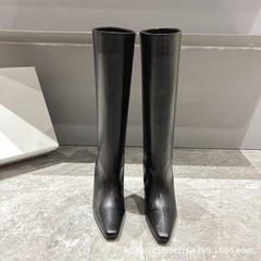 小众2025秋冬真皮方头复古坡跟增高一脚蹬套筒显瘦长靴高筒骑士靴