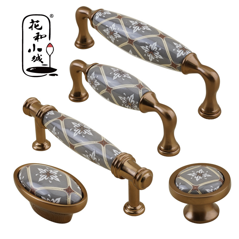 Floral and Small Town Bohemian Style Dresser Handles, Ethnic Ceramic Champagne Cabinet Drawer Pulls