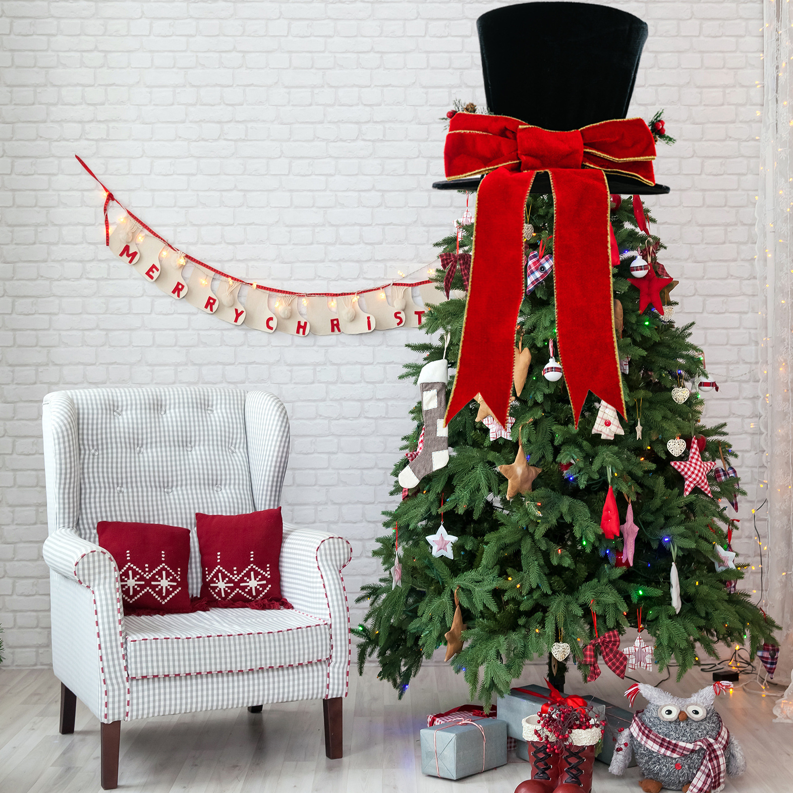 Christmas Decoration Christmas Top Hat Bow Tree Top Star Holiday Atmosphere Christmas Tree Arrangement Props_voghion.com