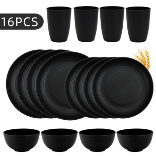Amazon Cross-border Black Wheat Straw PP Plate Bowl Cup Household Dinner Plate Soup Bowl Cup Outdoor Gift Tableware suit