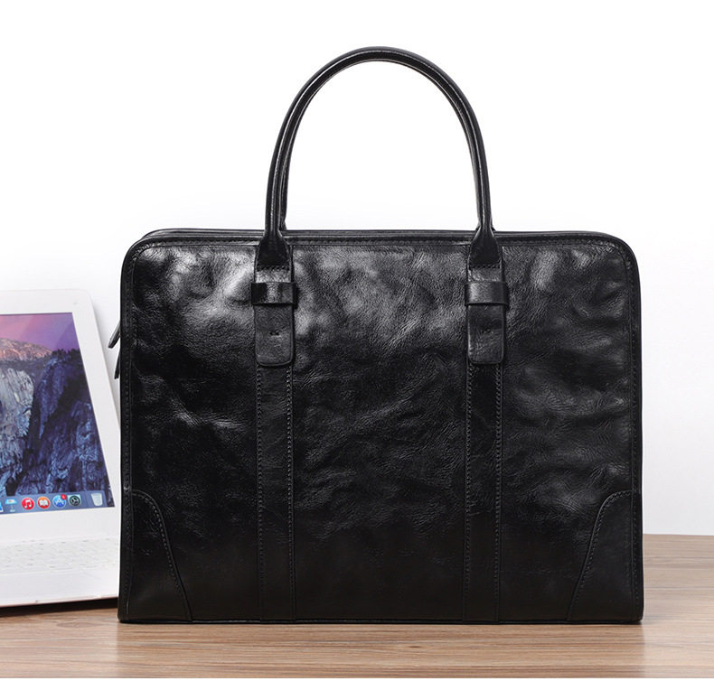 Túi xách tay nam da bò lớp đầu 38×8×28 cm, túi công sở đựng laptop 14 inch, đeo chéo tiện lợi — Màu Đen thuộc da bình thường bên trong màu đen, Màu đen cây cao, Lớp lót nỉ flannel cao cấp cầm tay màu đen chi tiết 38