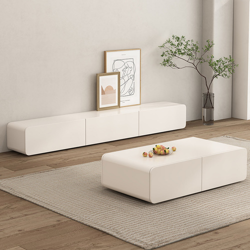 Italian minimalist cream style TV cabinet and coffee table combination modern simple small apartment white painted TV floor-standing