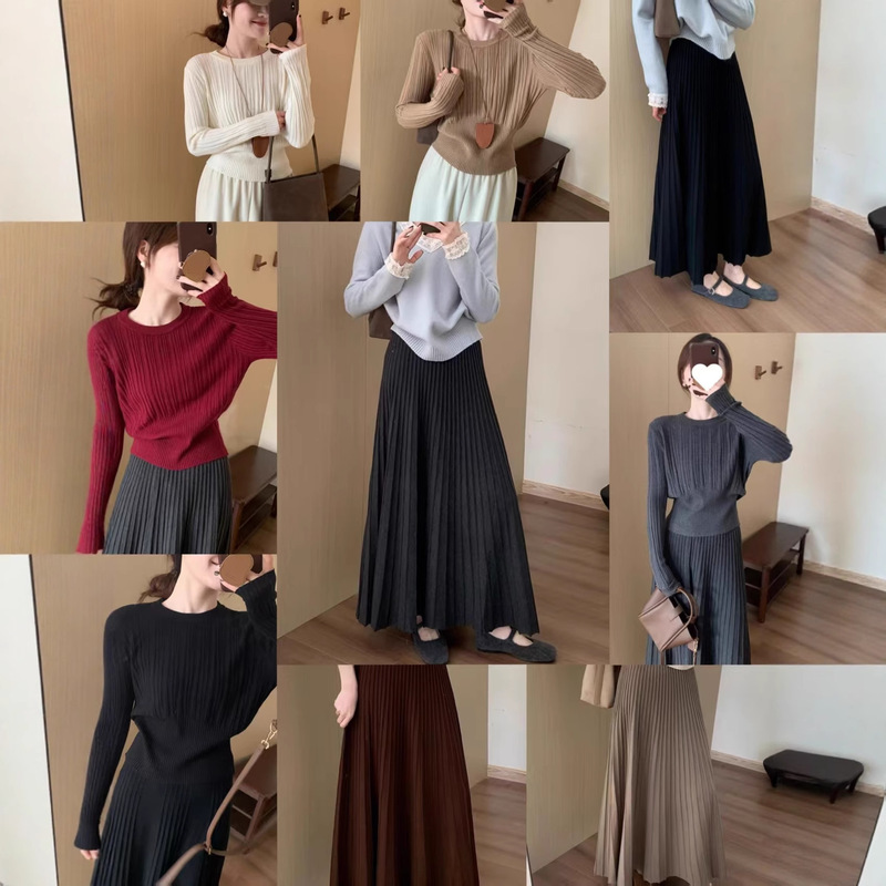 Ashmi Cashmere High-Waist Slim Elegant Pleated Skirt Korean Style Versatile Casual Lady Knitted Bottoming Shirt for Women